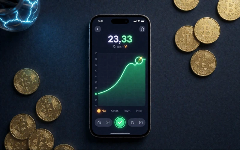 Smartphone mit Crash-Game-Multiplikator-Kurve und goldenen Krypto-M&uuml;nzen - Jack Originals mobil spielen