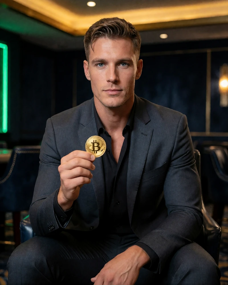 Selbstbewusster Mann im Anzug mit goldener Krypto-M&uuml;nze in der VIP-Lounge des Jack Casino