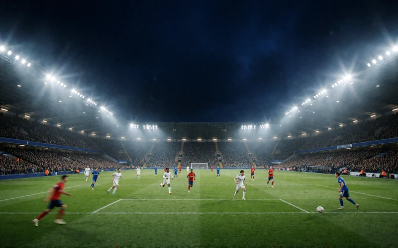 Fu&szlig;ballstadion bei Nacht unter Flutlicht - Sportwetten auf Bundesliga und internationale Ligen