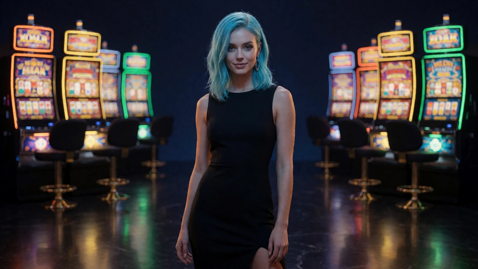 Junge Frau mit neonblauen Haaren vor leuchtenden Spielautomaten - Online Casino Spiele bei Jack Casino