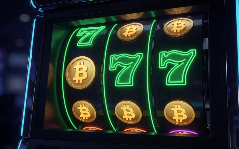 Neonbeleuchteter Spielautomat mit goldenen Krypto-M&uuml;nz-Symbolen im Jack Casino Slots-Bereich