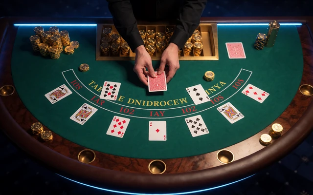 Blackjack-Tisch mit Karten und goldenen Chips von oben - Live Casino Spiele mit echten Dealern