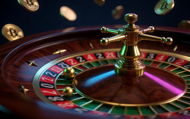 Leuchtendes Roulette-Rad mit goldener Kugel und Krypto-M&uuml;nzen - Slots und Tischspiele bei Jack Casino
