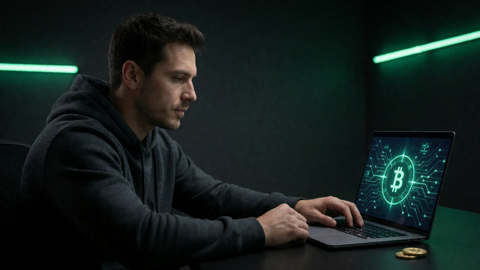 Mann im dunklen Hoodie vor einem Laptop mit Blockchain-Grafiken in neongr&uuml;n beleuchtetem Raum - Jack Casino FAQ