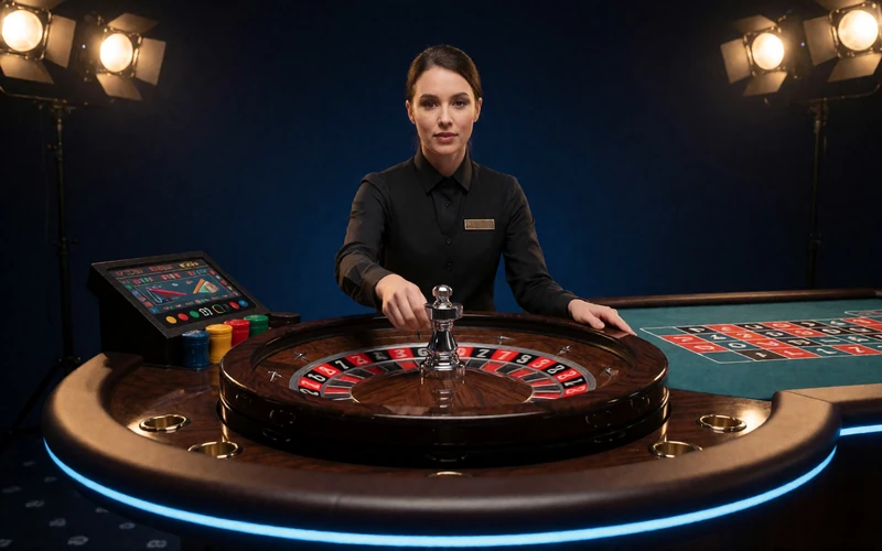 Live-Dealer-Roulette-Tisch mit Croupierin unter goldenen Spotlights im Jack Casino Live Casino
