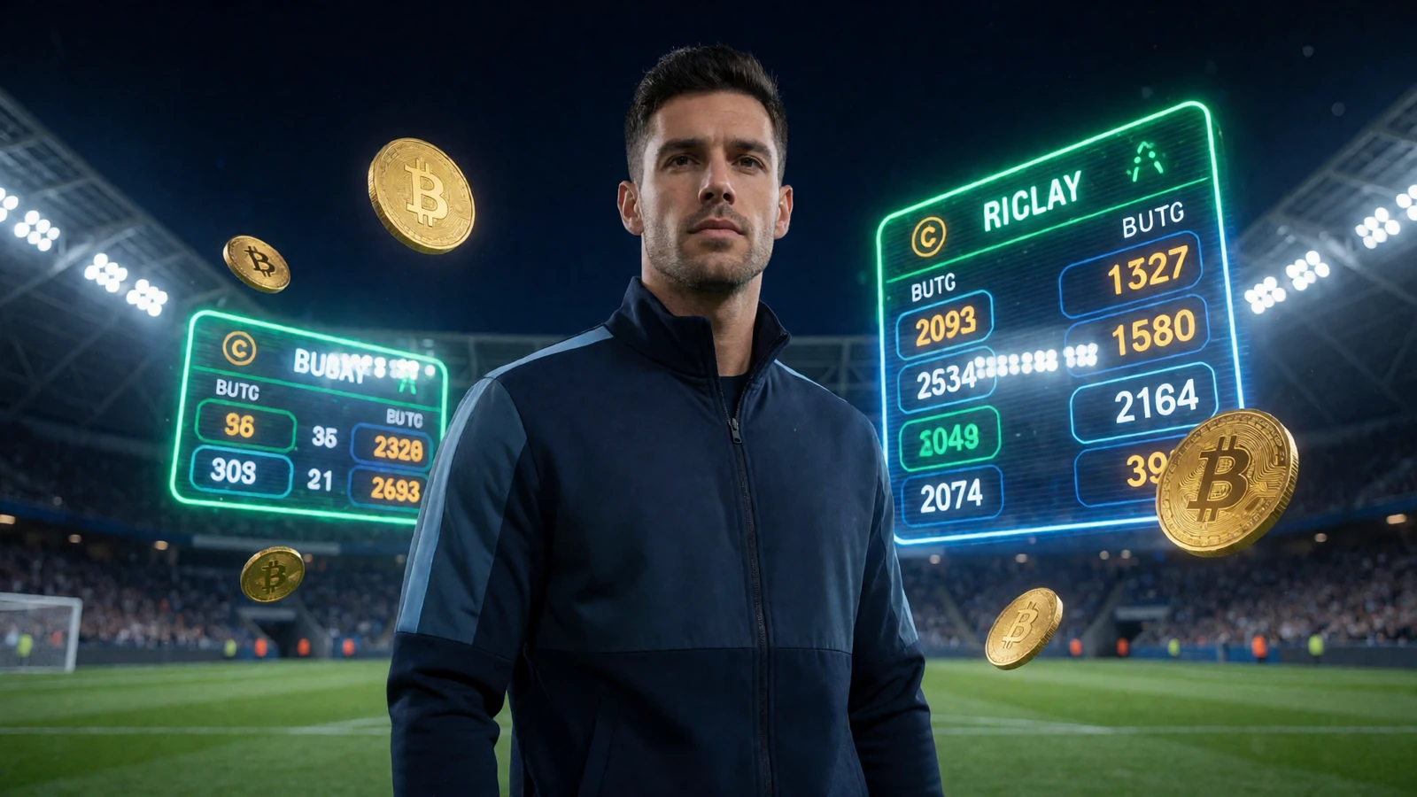 Selbstbewusster Mann in Sportjacke vor Stadion-Flutlicht und Neon-Anzeigetafeln - Sportwetten bei Jack Casino
