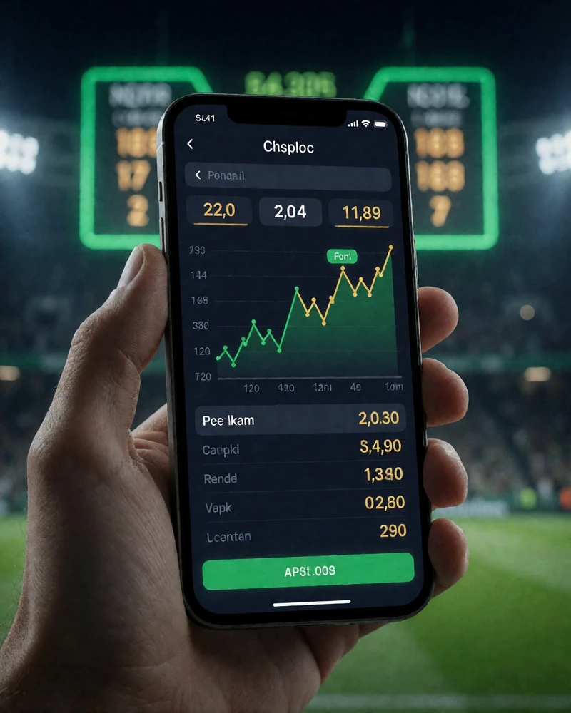 Smartphone mit Live-Wettquoten in der Hand vor Stadion-Flutlicht - Live Wetten mobil bei Jack Casino